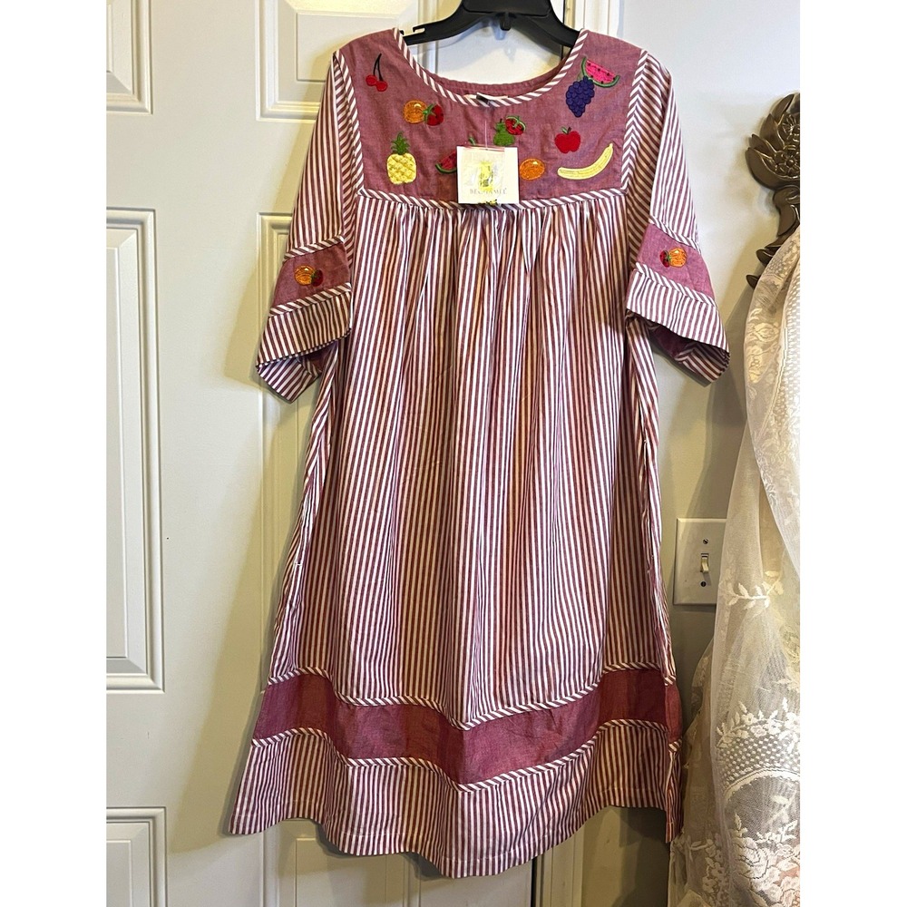 NWT Cottagecore Bechamel MuMu Dress Jester Red Stripe Embroidered Fruit Size M
